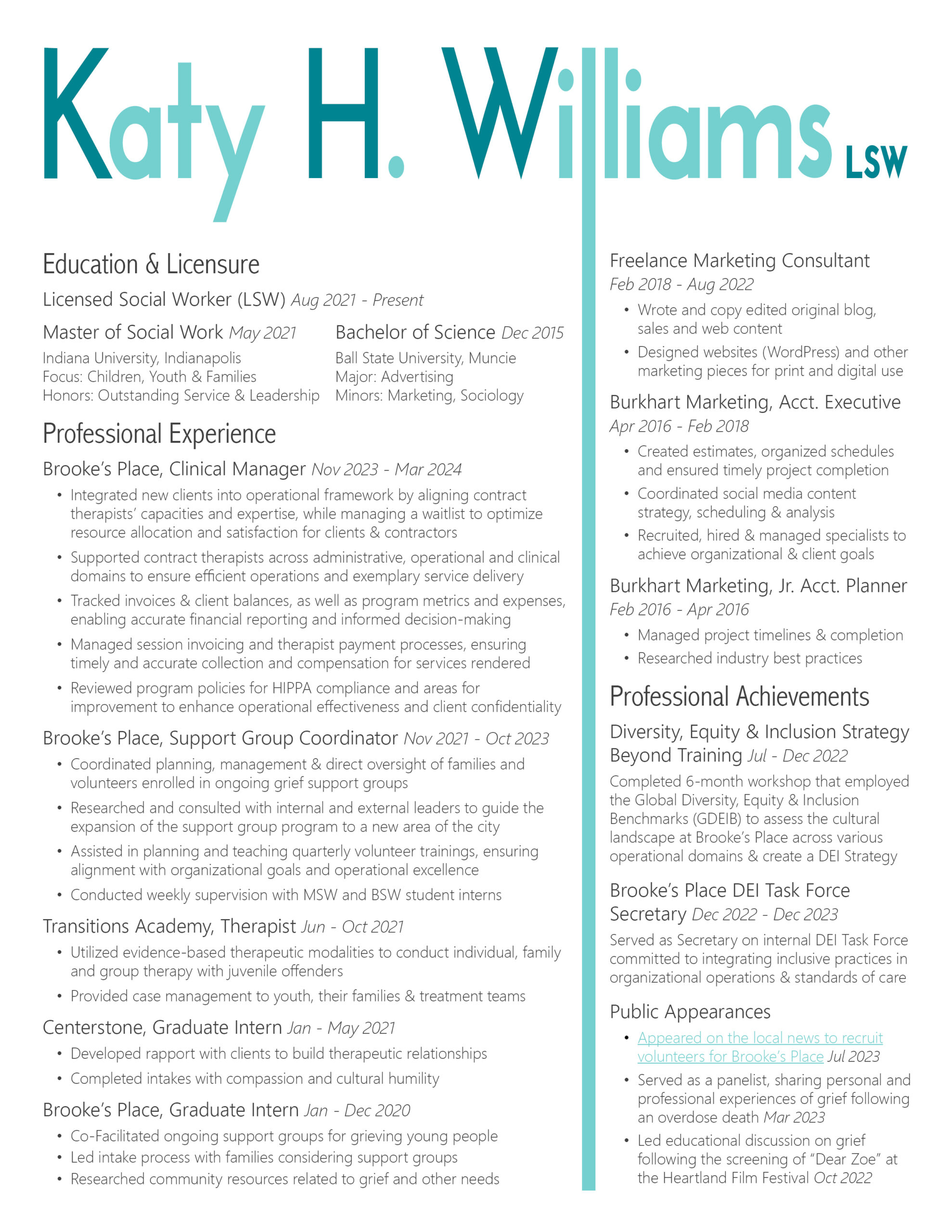 Resume of Indianapolis social worker, Katy Williams, including Education & Licensure, Professional Experience, and Professional Achievements
