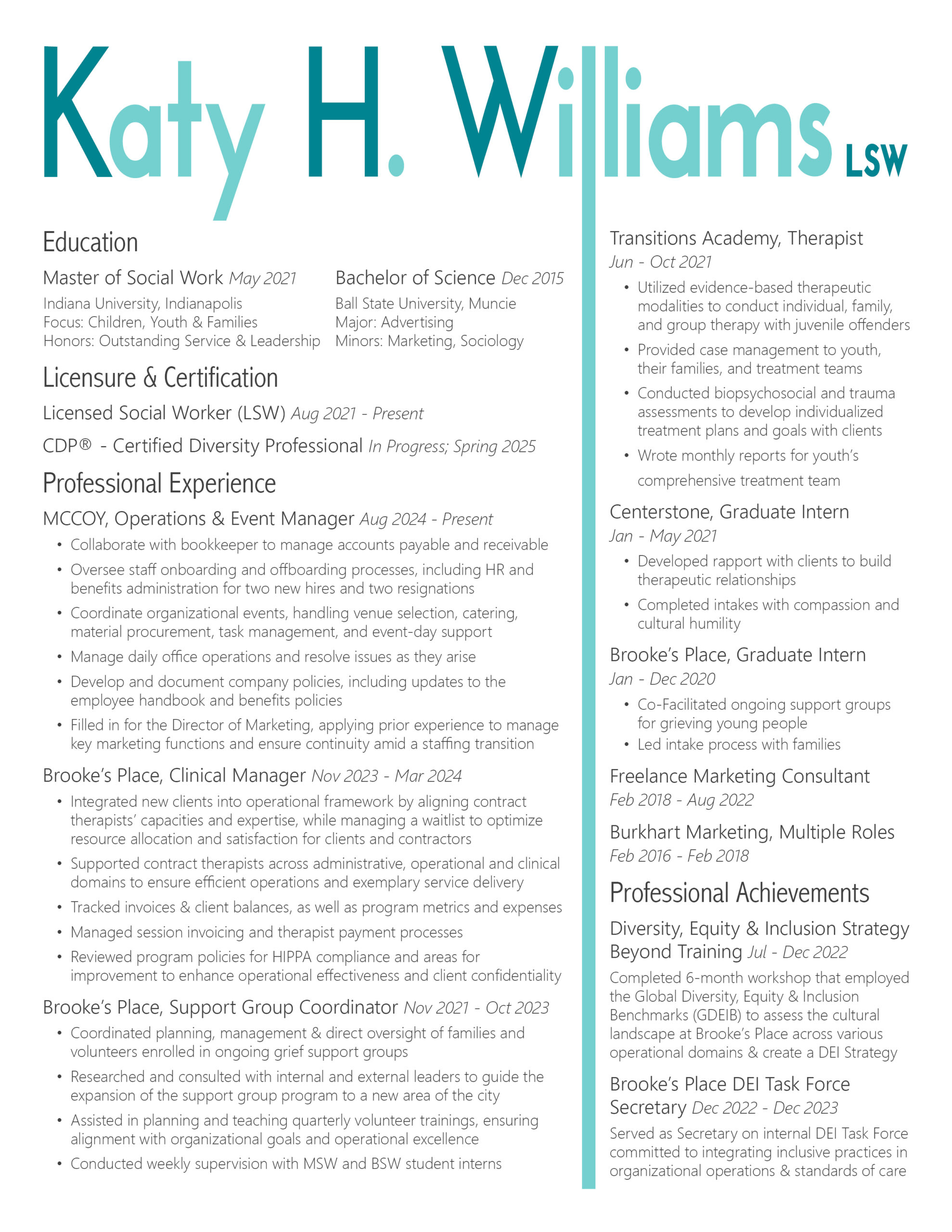 Resume of Indianapolis social worker, Katy Williams, including Education, Licensure & Certification, Professional Experience, and Professional Achievements